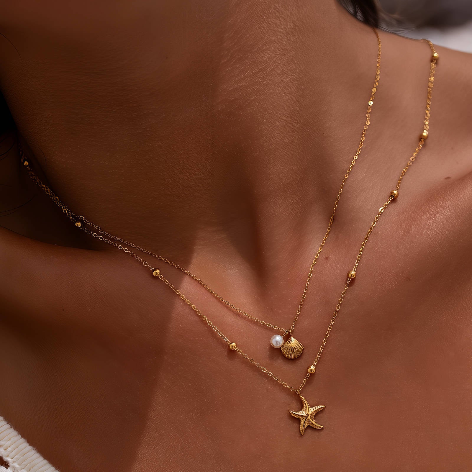 Halskette Damen Layering Kette Gold mit Seestern und Perlen Geonea