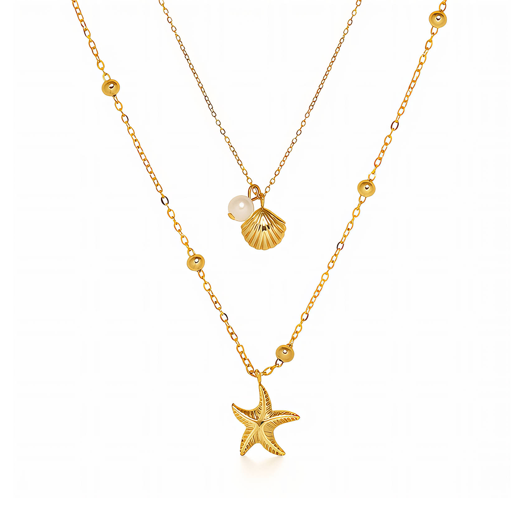Halskette Damen Layering Kette Gold mit Seestern und Perlen Geonea