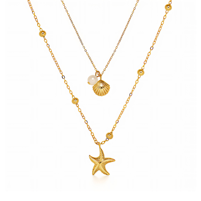 Halskette Damen Layering Kette Gold mit Seestern und Perlen Geonea