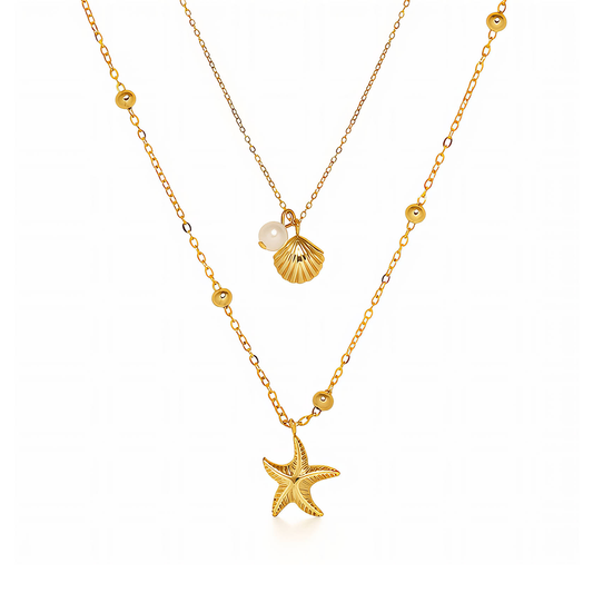 Halskette Damen Layering Kette Gold mit Seestern und Perlen Geonea
